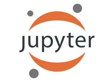 Logo für Jupyter: Schriftzug Jupyter, gerahmt von orangefarbenen Sicheln darüber und darunter, umgeben von drei grauen Kugeln