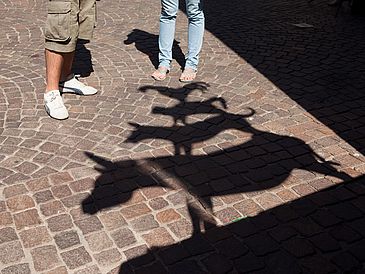 Der Schatten des Denkmals der Bremer Stadtmusikanten auf dem Boden.