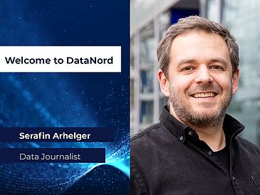 Foto serafin arhelger links, rechts schriftzug welcome to data nord
