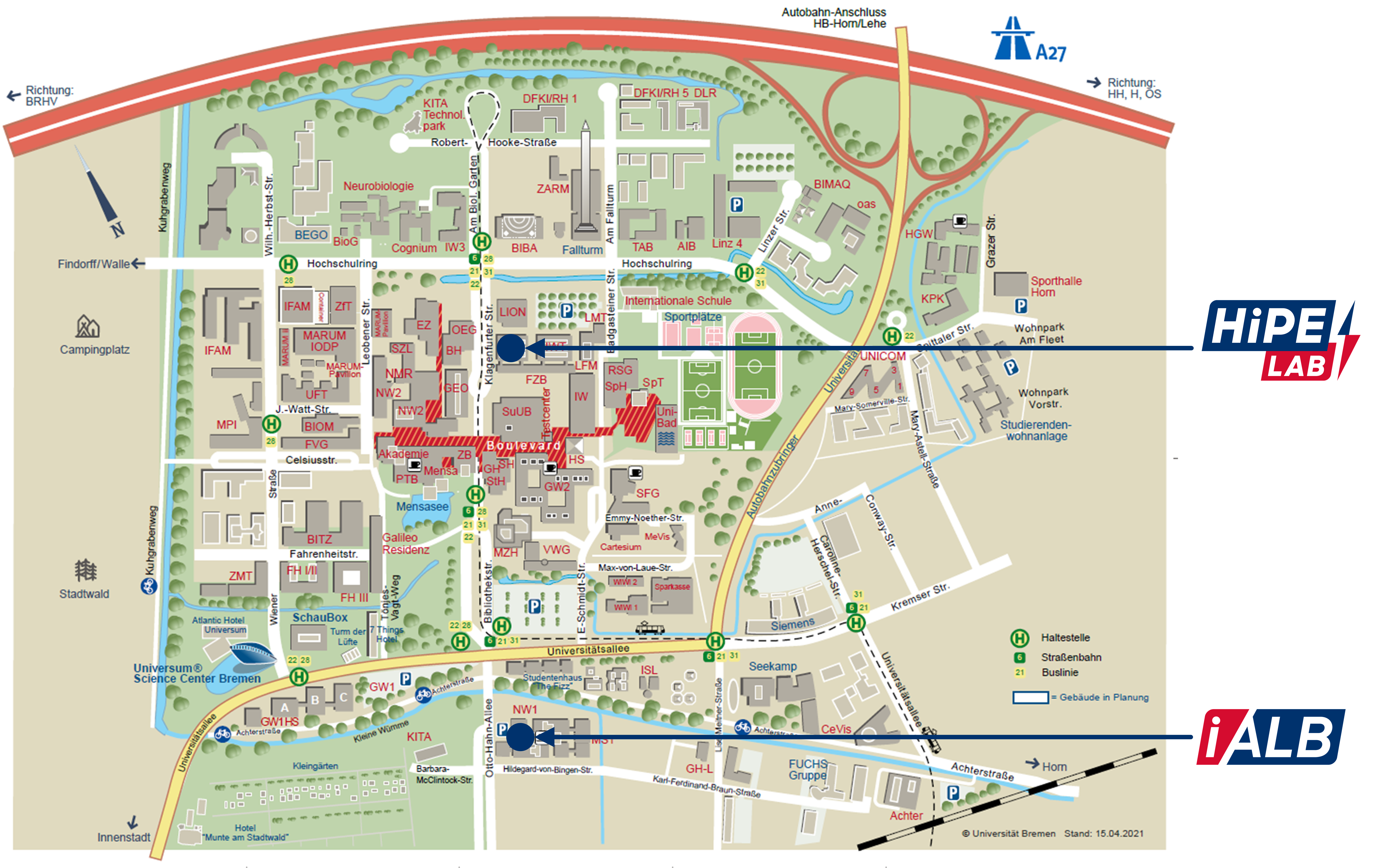 Map of the University of Bremen with information about the location of the IALB and HiPE-LAB.