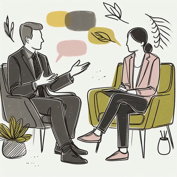 Zeichnung eines Therapiegespräches, links sitzt ein Mann im Anzug und rechts eine Frau mit einem Blazer