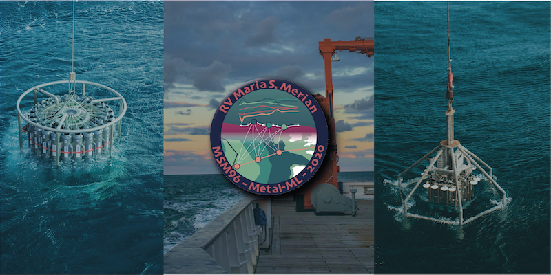 2020: MSM96 (Porcupine Abyssal Plain, North Atlantic Ocean) Three-panel image with a rosette water sampler being lowered into the water on the left, the R/V Merian expedition logo and view of the research vessel's foredeck at sunset in the center, and a metal rack of sediment samplers being lowered into the water on the right.