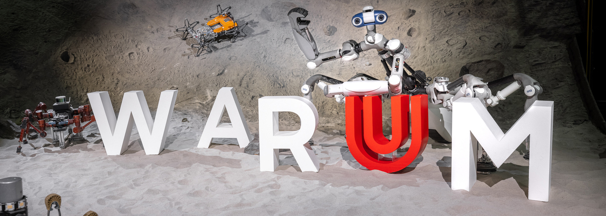 Die Buchstaben WARUM stehen vor einem humanoiden Roboter