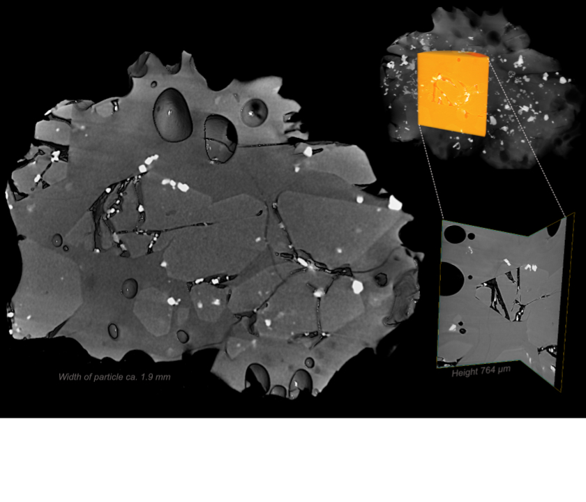 Virtually cut and 3D rendered submarine ash particle